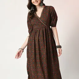 Sangria Brown Ethnic Motifs Printed Cotton Wrap Ethnic Dress-image-35