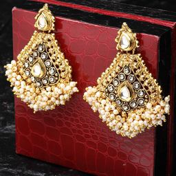 PANASH Antique Gold-Plated Kundan Stone and Pearls Handcrafted Drop Earrings-16