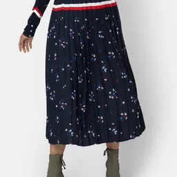 KLAS NOBL Women Navy Blue & White Floral Printed Accordion Pleated Flared Midi Skirt-image-80
