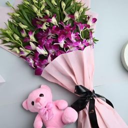 Floweraura Purple 7 Pieces Fresh Live Orchids With Teddy-0