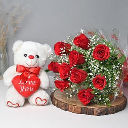 Floweraura Red & White 10 Pieces Fresh Live Roses With Teddy-image-40