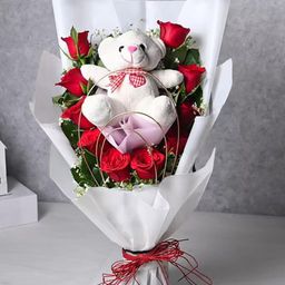Floweraura Red 11 Pieces Fresh Live Roses With Teddy-image-20