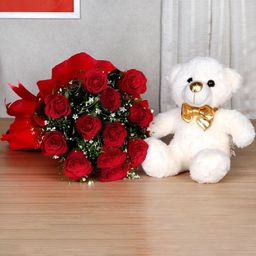 Floweraura Red Flowers 12 Pieces Bouquet Fresh Live Roses With Teddy Bear-image-38