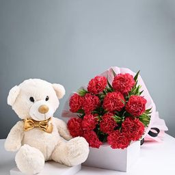 Floweraura Red 10 Pieces Carnations With Teddy Bear-11