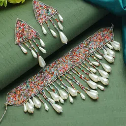 Jazz and Sizzle White Pearl-Studded & Beaded Tasselled Choker Handcrafted Jewellery Set-28