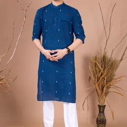 SHIWAM ETHNIX Ethnic Motifs Woven Design Band Collar Indigo Cotton Straight Kurta-image-94