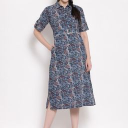 Indibelle Shirt Collar Floral Printed A-Line Cotton Kurta-13
