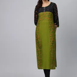 Akshatani Women Olive Green & Black Hand Block Print Straight Kurta-41