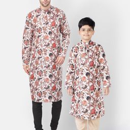 TABARD Men White & Pink Floral Printed Kurta-image-39