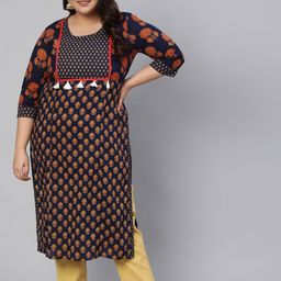 Jaipur Kurti Women Navy Blue & Rust Ethnic Motifs Printed Kurta-2