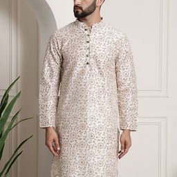 SOJANYA Men Cream-Coloured & Brown Ethnic Motifs Printed Kurta-8