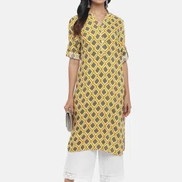 RANGMANCH BY PANTALOONS Women Yellow & Grey Geometric Woven Design Kurta-image-62