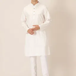 HERE&NOW Pink & Navy Blue Geometric Printed Band Collar Pure Cotton Straight Kurta-image-44