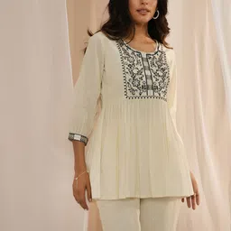Libas Floral Yoke Design Sequinned Pure Cotton Pleated Kurti-picture-20