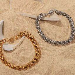 MEENAZ Set Of 2 Silver-Plated Stainless Steel Link Bracelet-8
