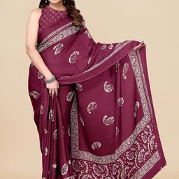 KALINI Magenta & White Paisley Poly Chiffon Block Print Saree-picture-4