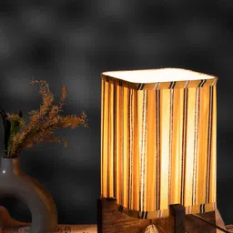 green girgit Yellow & Brown Striped Wooden  Table Lamp With Pleated Shade-14