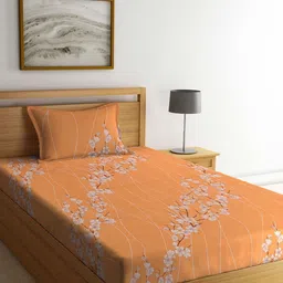 KLOTTHE Orange & White Floral Pure Cotton 400 TC Single Bedsheet With 1 Pillow Cover-image-27