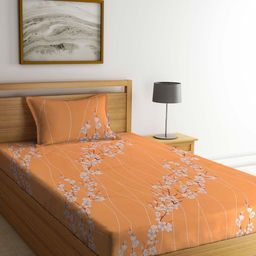 KLOTTHE Orange & White Floral Pure Cotton 400 TC Single Bedsheet With 1 Pillow Cover-image-51
