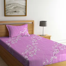 KLOTTHE Purple & White Floral-Printed 400TC Pure Cotton Fitted Single Bedsheet Set-29
