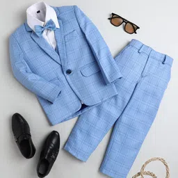 Jeetethnics Infant Boys Blue Checked 4-Piece Single-Breasted Suits-8