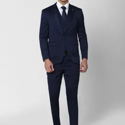 Peter England Elite Men Navy Blue Solid Slim-Fit Single Breasted Three Piece Suits-image-93
