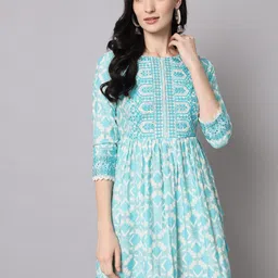 KALINI White & Turquoise Blue Printed Cotton Tunic-image-8