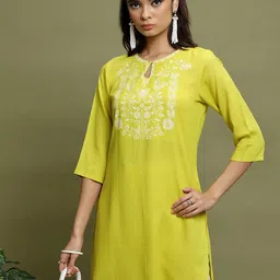 Vishudh Lime Green & White Ethnic Motifs Printed Straight Kurti-picture-16