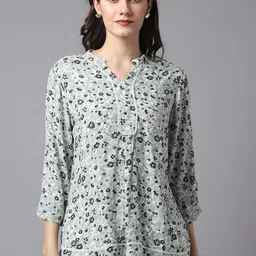Cantabil Green & Black Viscose Rayon Mandarin Collar Printed Tunic-image-54