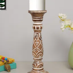 Homesake Beige Antique Cerving Wooden Pillar Candle Stand-58