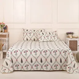 Peepul Tree Beige & Pink Ethnic Motifs Printed Flat 240 TC Pure Cotton Double Bedsheet Set-image-58