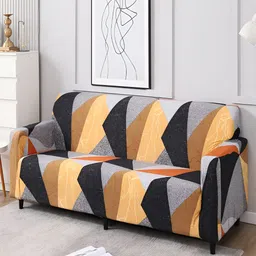 HOKIPO Black & Yellow Printed 4 Seater Elasticated Sofa Cover With Arms-19