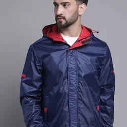HOUSE OF VEDAS Men Navy Blue Colourblocked Windcheater and Water Resistant Outdoor Sporty Jacket with-image-30