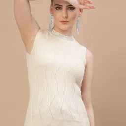 Mafadeny Women Cream-Coloured & Silver-Toned Cable Knit Sweater Vest with Embellished Detail-picture-3