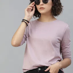 The Roadster Lifestyle Co Women Lavender Solid Pure Cotton Round Neck T-shirt-picture-3