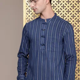 House of Pataudi Mandarin Collar Striped Rozana Kurta-picture-50