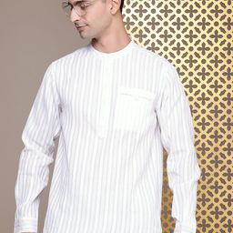 House of Pataudi Band Collar Striped Rozana Kurta-image-60