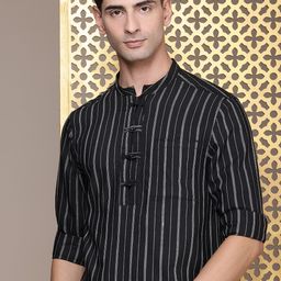 House of Pataudi Mandarin Collar Striped Rozana Kurta-picture-13