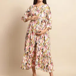 Frempy Abstract Printed Regular Sleeves Belted Maternity Fit & Flare Midi Dress-image-20
