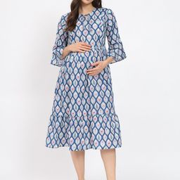 Aujjessa Ethnic Motifs Print Keyhole Neck Bell Sleeve Maternity Fit & Flare Midi Dress-image-32