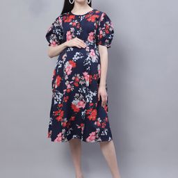 Moms Maternity Floral Print Puff Sleeve Crepe Maternity Fit & Flare Dress-image-97