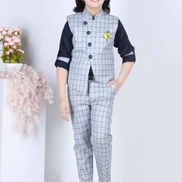 Aj DEZInES Boys Grey & Navy Blue Checked Shirt with Trousers & Jacket-picture-48
