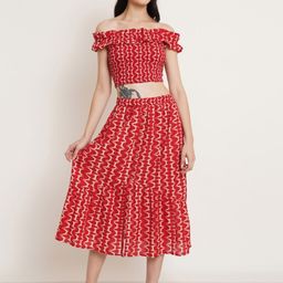 KALINI Printed Pure Cotton Off Shoulder Peplum Top & Capri Co-Ords-picture-15