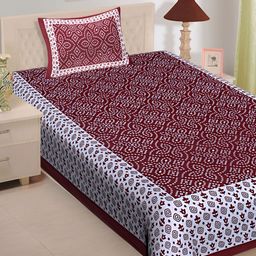 UNIBLISS Maroon & White Printed Cotton 144 TC Single Bedsheet With 1 Pillow Cover-image-34
