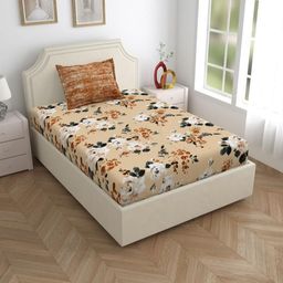 Salona Bichona Peach Floral Pure  Cotton 120 TC Single Bedsheet with 1 Pillow Covers-image-38