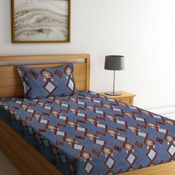 Arrabi Grey Geometric 300 TC Single Bedsheet with 1 Pillow Covers-38
