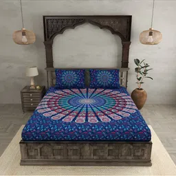 BED-SHEET.COM Blue & Red Printed Cotton 120 TC King Bedsheet With 2 Pillow Covers-image-15