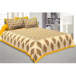 BED-SHEET.COM Yellow Ethnic Motifs 144 TC Cotton King Bedsheet with 2 Pillow Covers-image-28