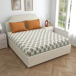 Salona Bichona Brown & White Floral Pure Cotton 120 TC Queen Bedsheet with 2 Pillow Covers-image-14