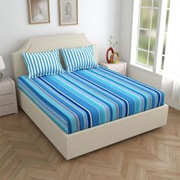 Salona Bichona Blue & White Striped 120 TC King Bedsheet with 2 Pillow Covers-image-96